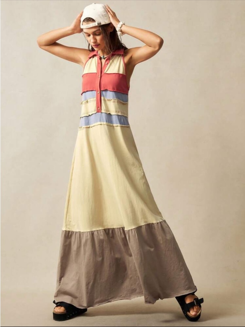 SHEIN Bohemela Colorblock Maxi Polo Dress in Coral, Blue & Cream